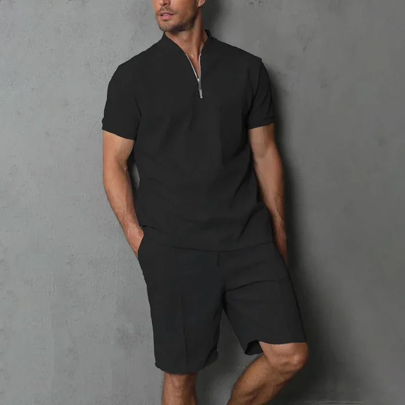 Tracksuit Men Waffle Fabric Polo Suit Zip Control Short Sleeve Two-Piece Set Loose Breathable Outdoor Sports Wear 250225