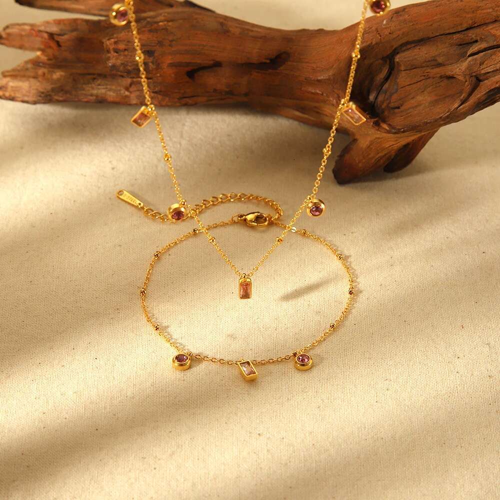 Waterproof Gold Plated Stainless Steel Glass Stone Charms Necklace Bracelet Set for Women Fashion Jewelry Gift
