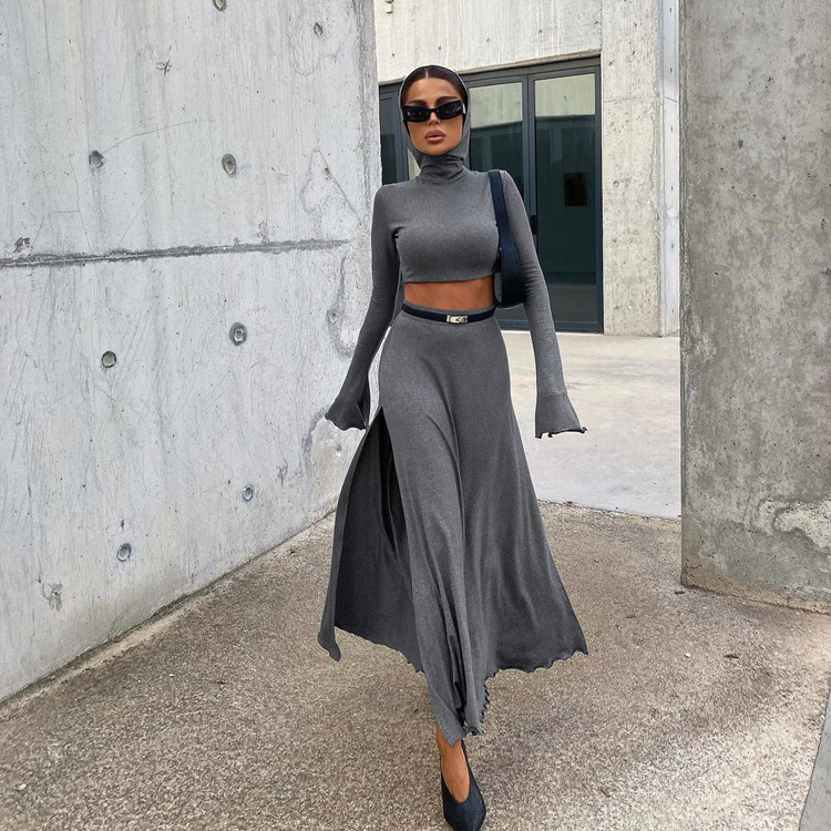 Women's Short Hooded Top With High Waist Side Slit, Unique Skirt, New4 Spring And Autumn New Two-Piece Set For Women