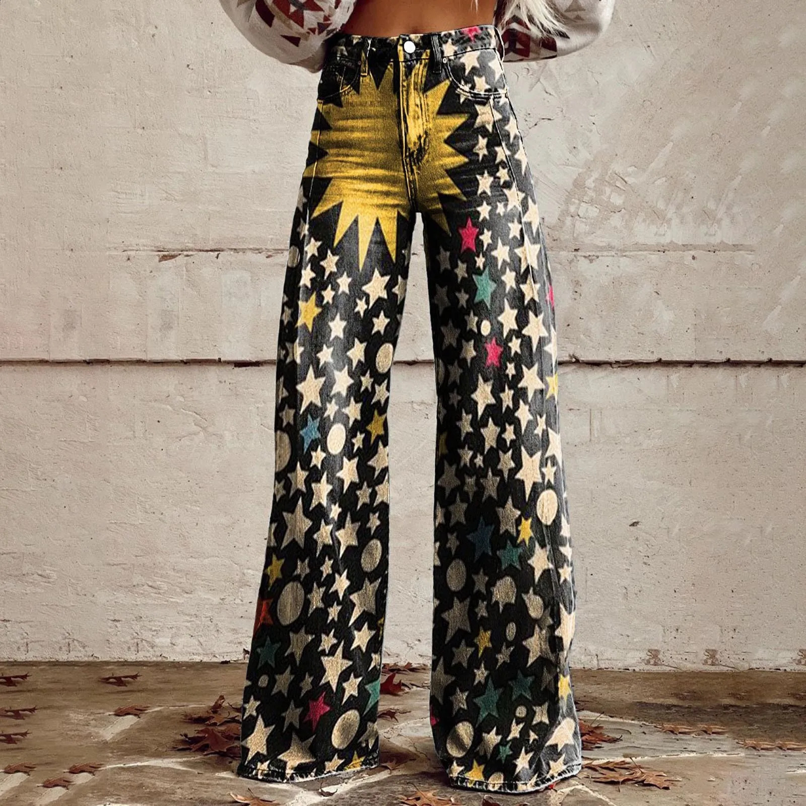 Vintage Fashion High Waisted Wide Leg Jeans Casual 90s Floral Printed Denim Pants Women Loose Fit Pockets Baggy Trousers 250228