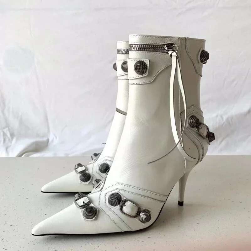 Gold Sier Women Pointed Toe Stilettos Heels Knee High Sexy Ladies Rivet Retro Pumps Cosplay Ankle Boots