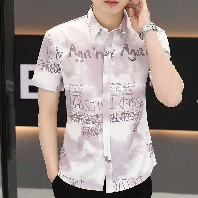 2025 Summer Short-sleeved Shirt for Men Thin Korean Style Cardigan Casual Free Iron Silk Top 250224