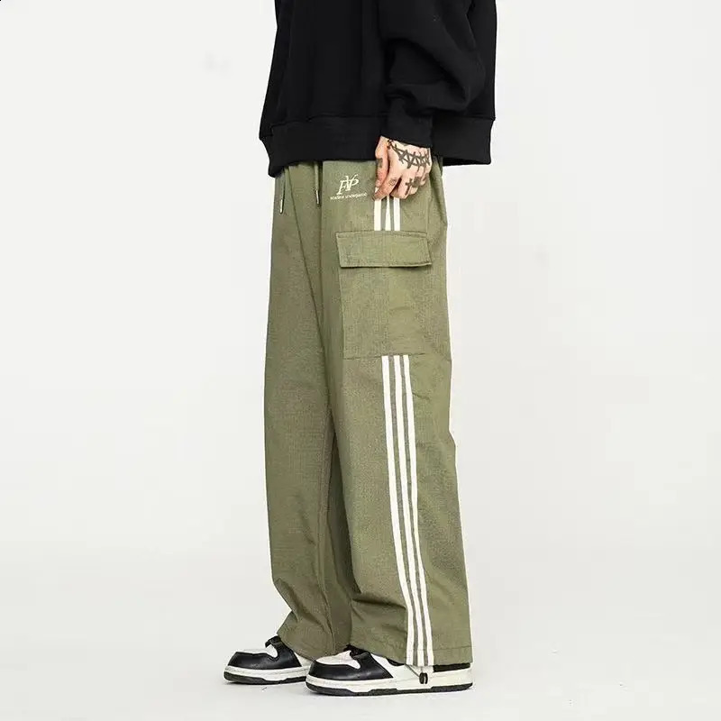 Mens Trendy American Retro Streetwear Side Striped Cargo Pants Y2K Casual Pocket Sport Straight Loose Trouser Pantalones Hombre 250225