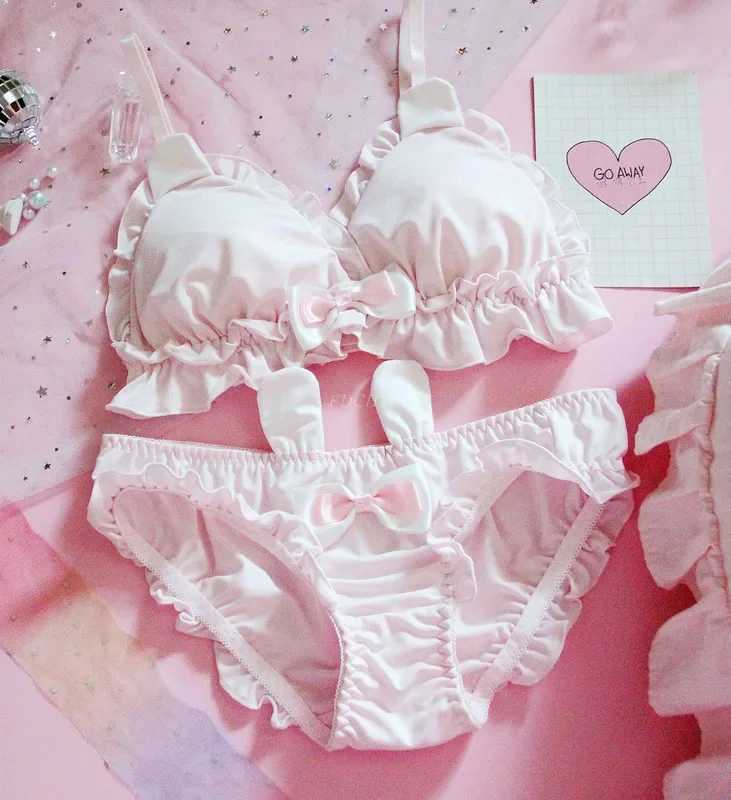 Japanese Lolita Kawaii Bow Ruffle White Underwear Set Sexy Female Cute Rabbit Ear Underwear Womens Bra and Underwear Set BraXJ250301