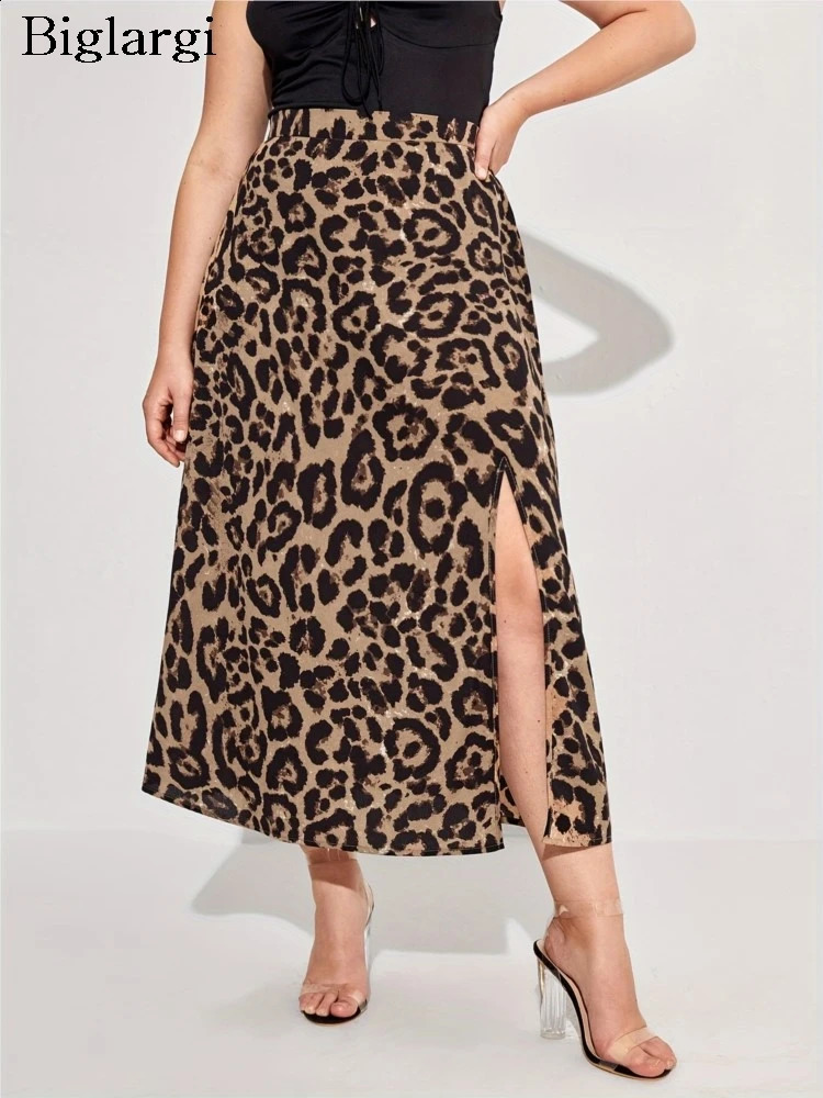 Plus Size Summer Leopard Print Skirts Women Split Fashion Sexy High Waist Ladies Skirts Pleated Woman Long Skirts 250224