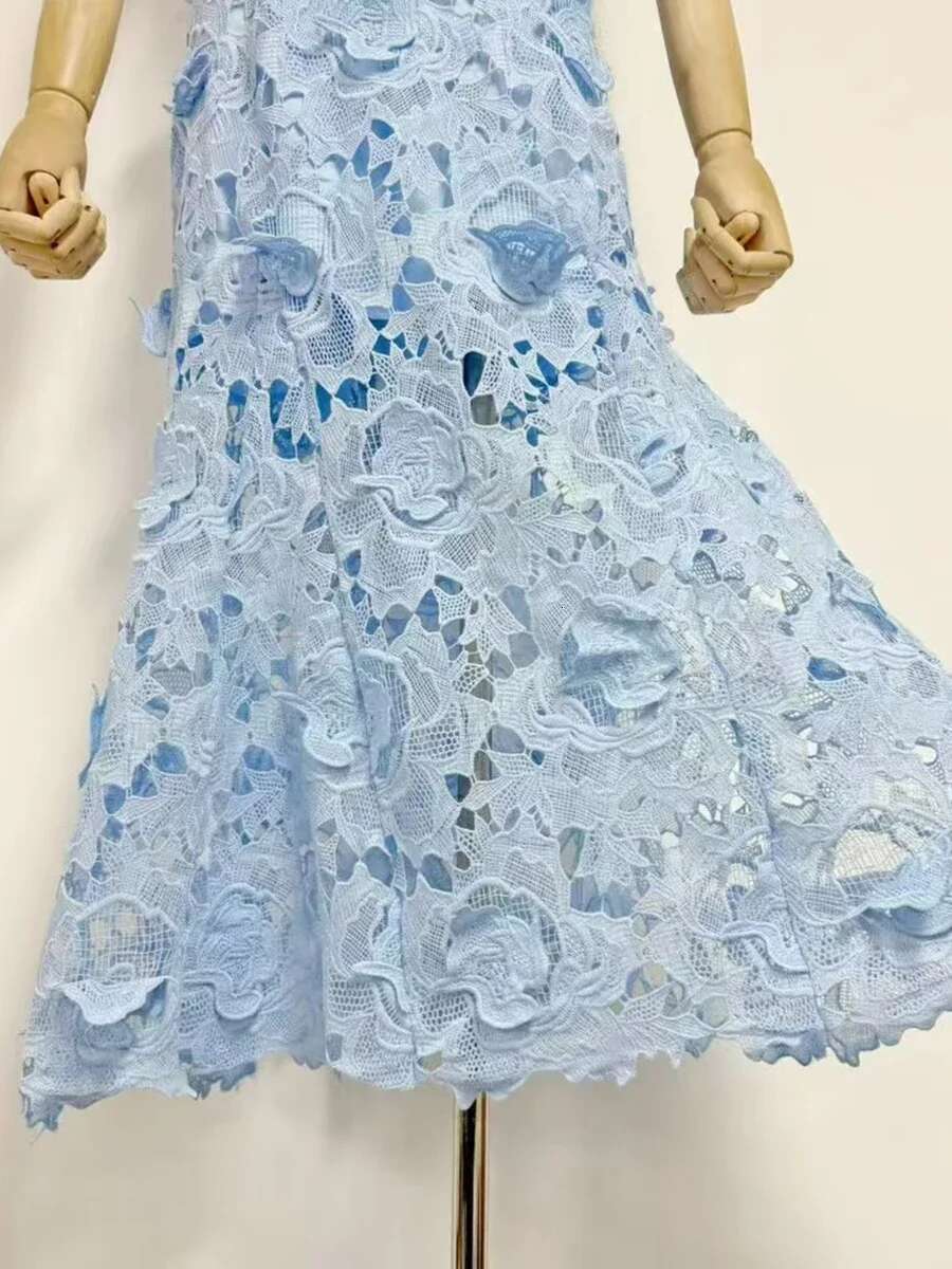 Solid Spliced Hollow Out Evening Dresses For Women Stand Collar Short Sleeve High Waist Slimming Folds Elegant Dress Female