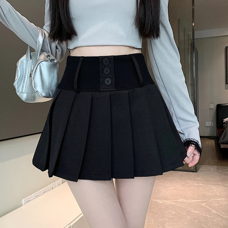 Preppy Style Button Mini Skirt Women 2025 Spring Summer Kawaii Anti-slip Pleated Skirt Female Y2k High-waisted A-line Skirt 250224