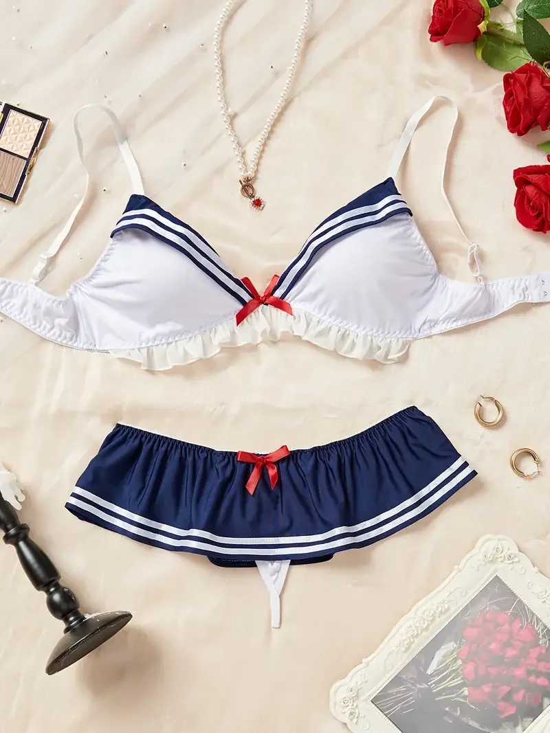 Sexy Lace Lingerie Ruffle And Bow Decoration Bra And Panty Sets Women Gathering Chest Underwear Bralette Set Cosplay CostumeXJ250301