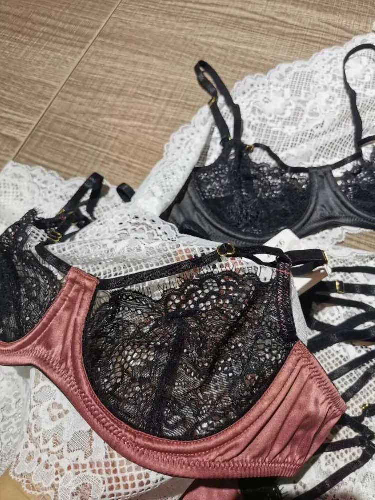 2024 sexy lace satin patchwork bra ultra-thin bra set enlarged size sexy see through T-pants bra see through bra setXJ250301