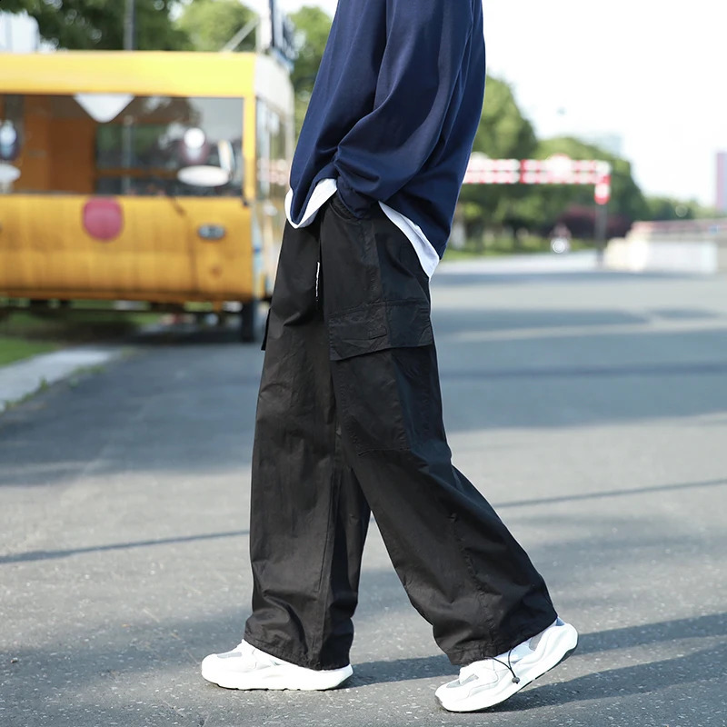 Vintage Cargo Pants Men Fashion Streetwear Pockets Wide Leg Straight Y2k Casual Trousers Baggy Drawstring Overalls Black/Gray 250225