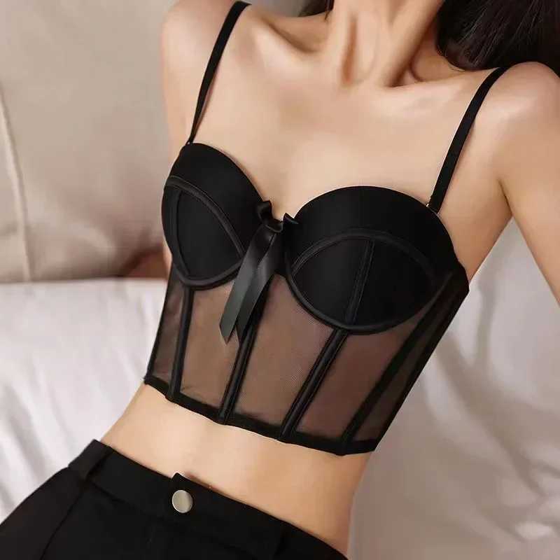 Lace Bra Sexy Mesh Underwear Women Hollow Out Shape Half Cup Soft Bralette Anti-sag Push Up Bow Thicken Women Underwear SetXJ250301