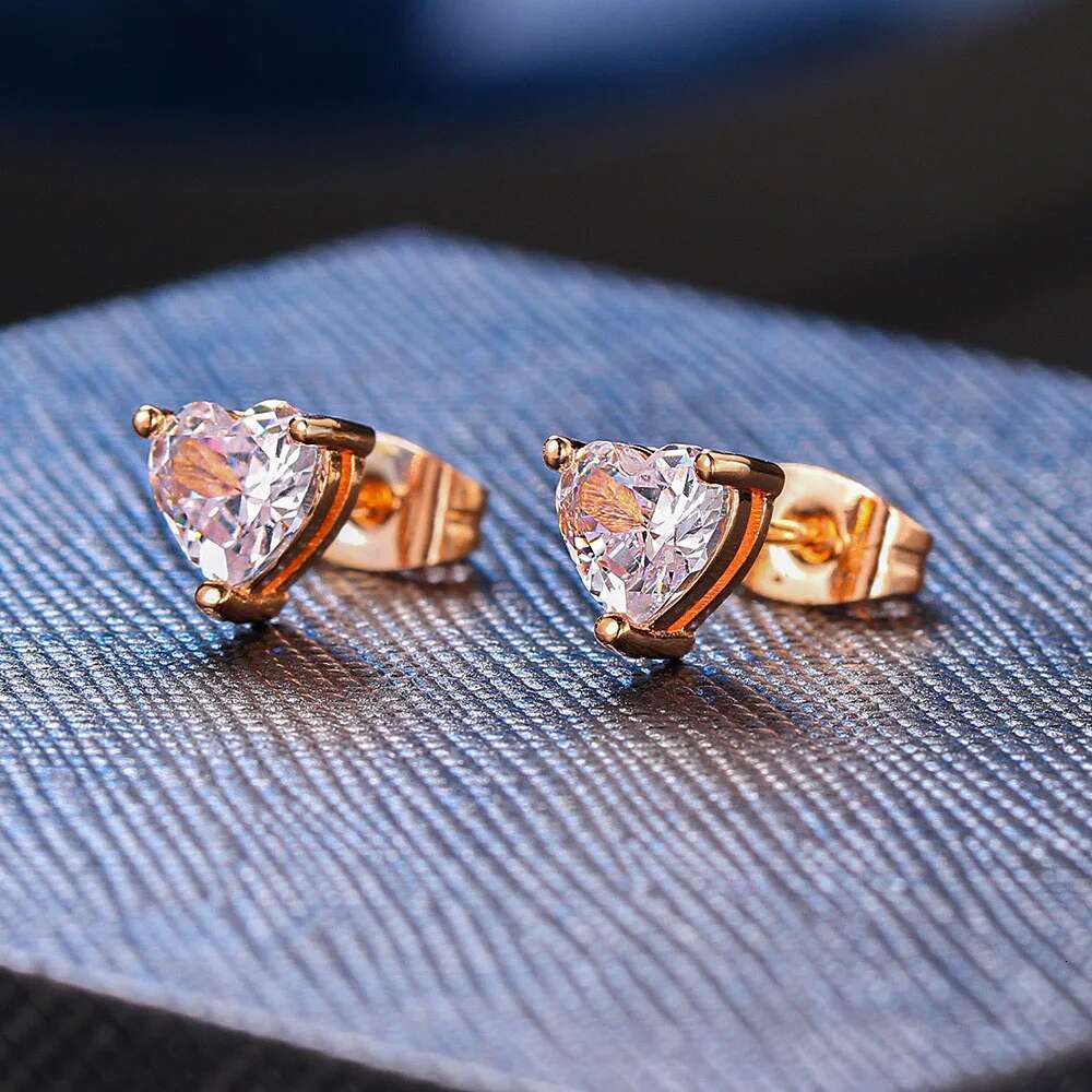 ZHOUYANG Love Heart Earrings For Women Korean Style Zircon Rose Gold Color Stud Ear Ring Accessories Jewelry Gift E342