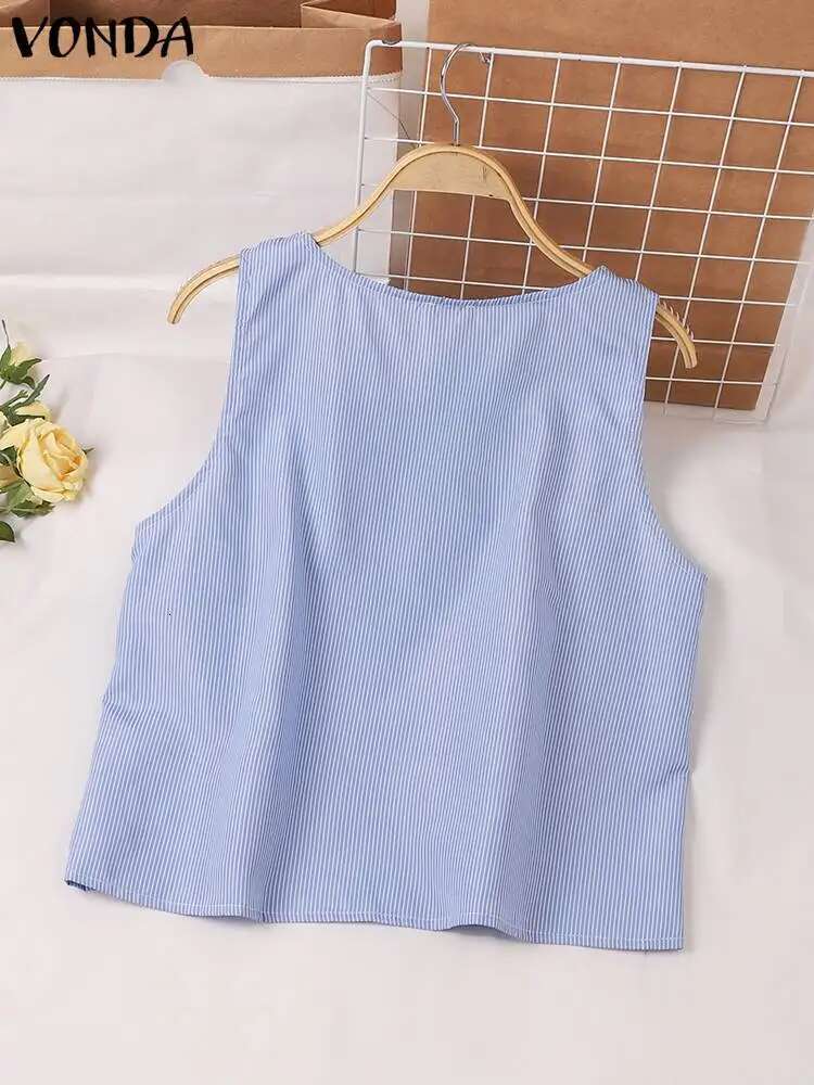 VONDA Summer Women Tank Tops 2024 Fashion Shirts Stripe Blouses Sleeveless Bandage Casual Camis Loose Printed Blusas Femininas