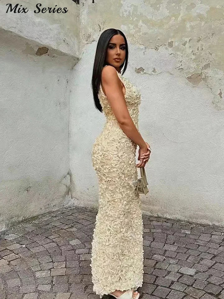 Sexy 3D Flower Deep V-neck Dress Women Slim Sleeveless Backless Split Hip Package Midi Dresses Spring Ladies Dresses 250226