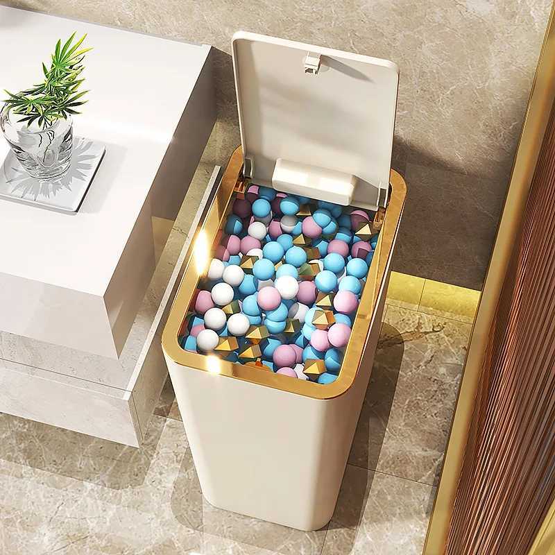10L Smart Trash Can With One Button Up Lid High Looking Anti Odor Lidded High End Slit Paper Basket For The Toilets Y250301
