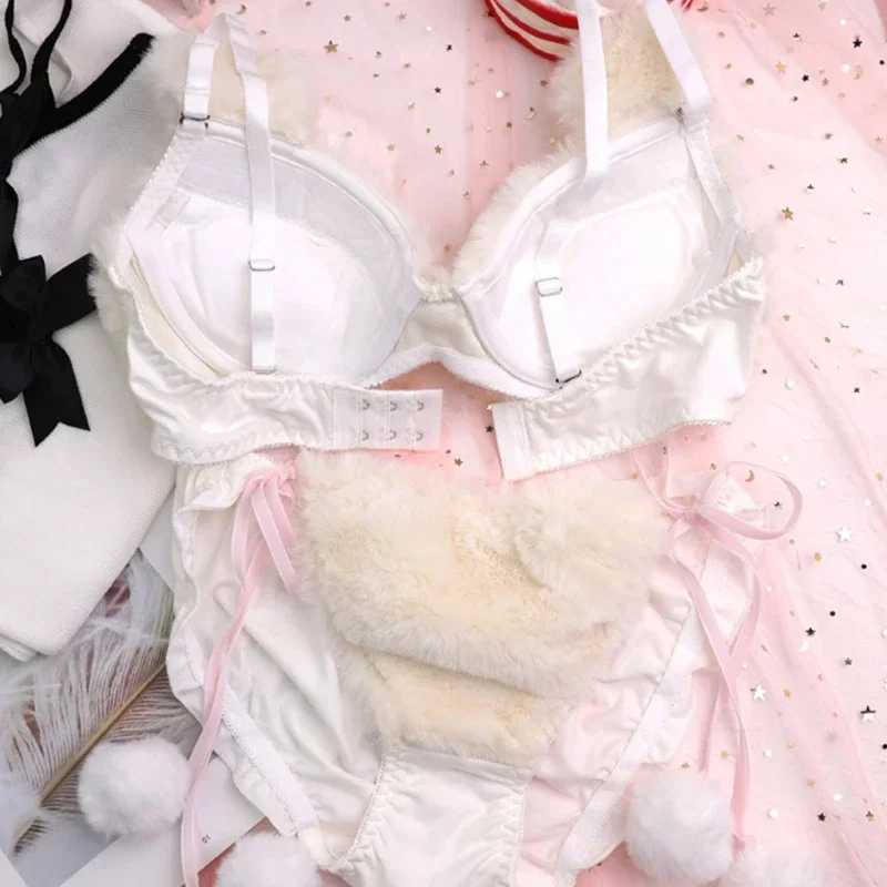 2Pcs Womens Lolita Kawaii Bra Panty Set Cute Bear Embroidery Fluffy Faux Fur Underwire Underwear Plush Ball Bow Japanese Anime LXJ250301