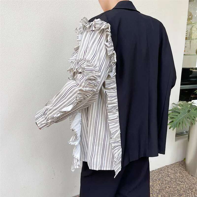 Tannt Women Asymmetry Edible Tree Fungus Patchwork Stripes Blazer Jackets Irregular Casual Color Matching Suit Coats