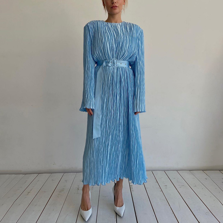 Women's New2 New Sleeved Waistband Pleated Temperament Commuting High Grade Relaxed Long Dress