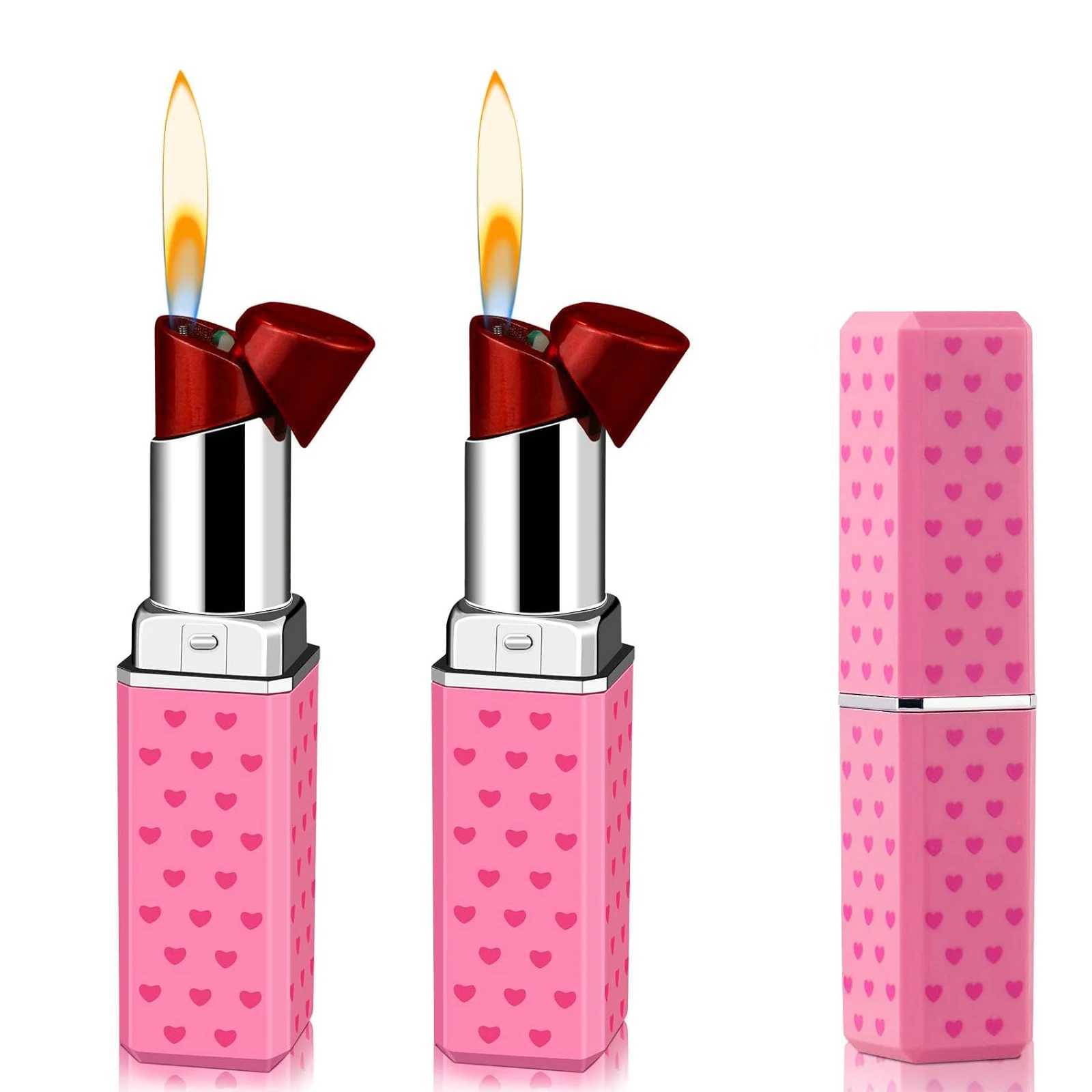 2 Pack of Cute Lipstick Lighter Soft Flame Refillable Butane Unique Gift for GirlsWomenGirlfriends (Without Butane Gas)T250301
