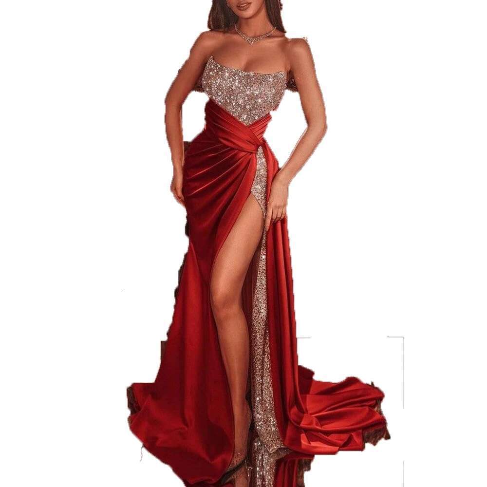 Exquisite bright red sequins evening party strapless sleeveless trumpet to the floor sexy high division side feminine prom dresses