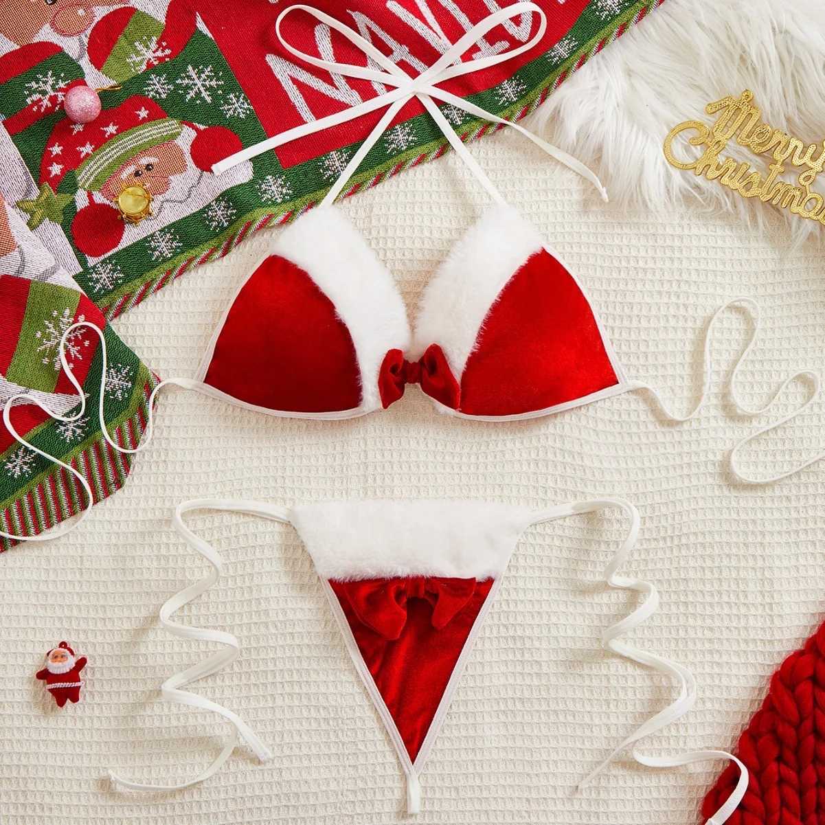 2025 Christmas Sexy Lingerie Red Velvet Bowknot Bras and Briefs Suit Women Underwear Sets Adult Sexy New Year CostumeXJ250301