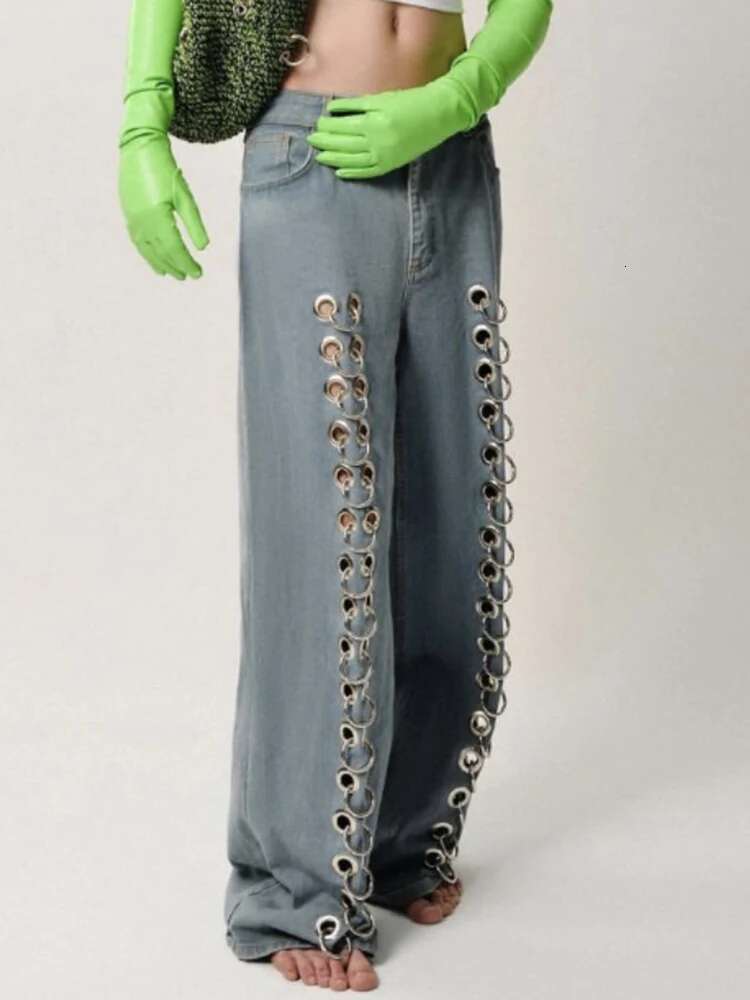 DEAT Fashion Women Denim Pants Loose Low-Waisted Metal Hollow Out Or-Length Straight Blue Lady Jeans Spring 2025 New 19F2031