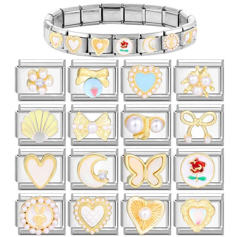3D White Zircon Bow Moon Butterfly Shell Italian Charm ks Fit 9mm Stainless Steel Bracelet Beads Jewelry Diy Making gifts