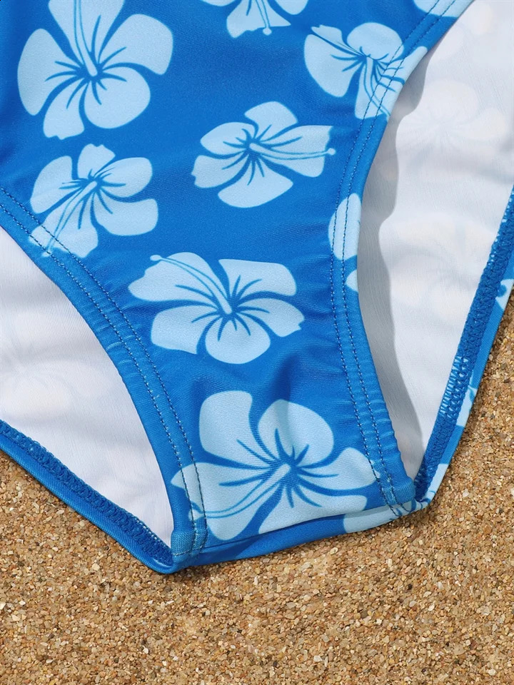 Bikini Kids Girls Swimsuit 2025 Blue Print Sling Set Children Summer Three Piece Beachwear Bathing Suits 250227