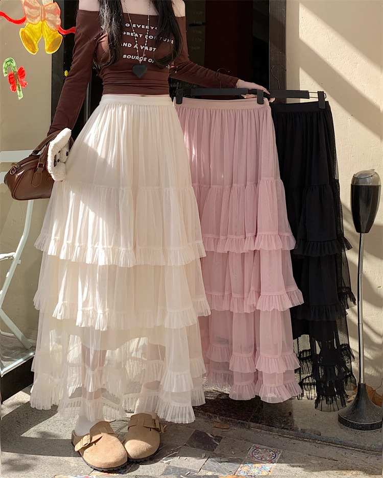 High Quality Wedding Mesh Skirt Women 2025 Summer French Romantic High Waist Long Skirt Female Elegant Streetwear Holiday Faldas 250224