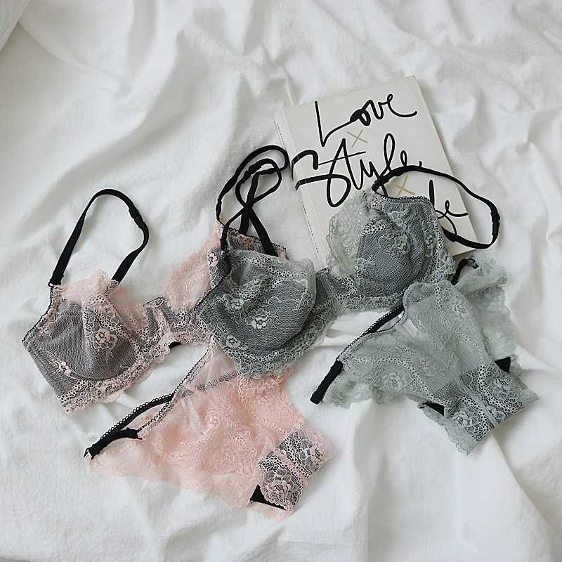 Womens lace ultra-thin bra panties set soft texture big breasts small rims lingerie women large size cotton-free underwearXJ250301