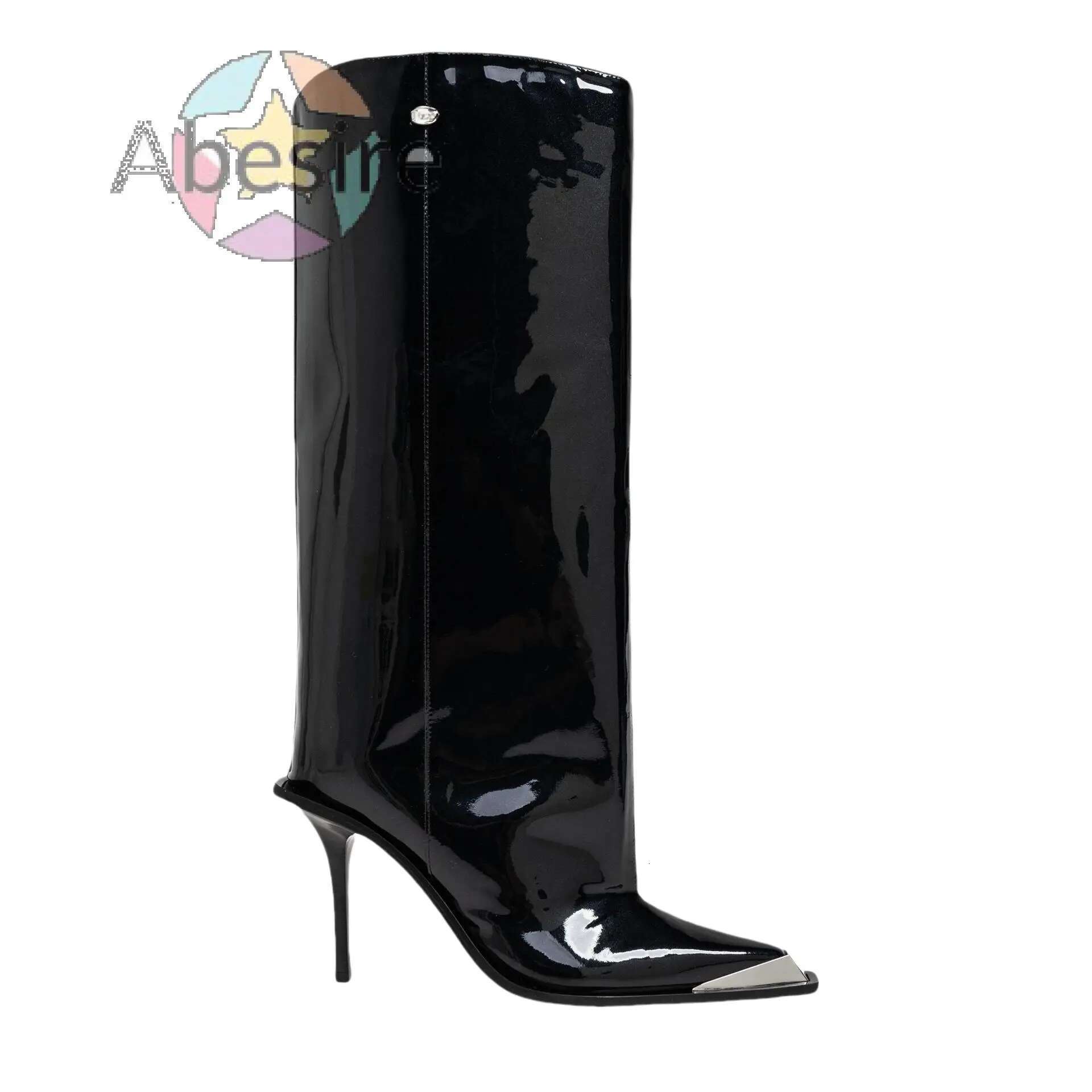 2024 Autumn And Winter New Metal Square Toe Slip On Patent Leather High Stiletto Sexy Knee-High Modern Boots For Women