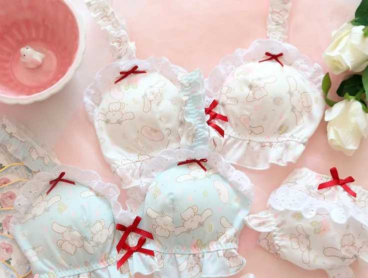 Kawaii Embroidered lace lingerie bra with panties push up brassiere panty lady sexy cute lolita bralette pants sets outdoor wearXJ250301