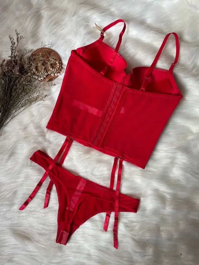 Sexy and Smooth Party Bra Underwear Set Leather Bone Shaped Body Shape Waist Underwear Set Red BraXJ250301