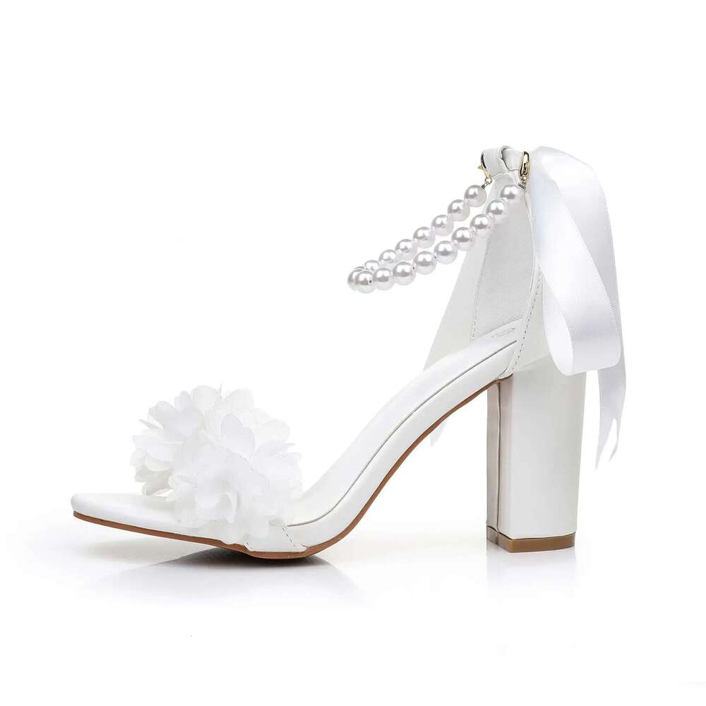 Women Crystal Queen White wer Beaded Dia High Heels Summer Shoes Peep Toe Buckle Strap Square Sandals