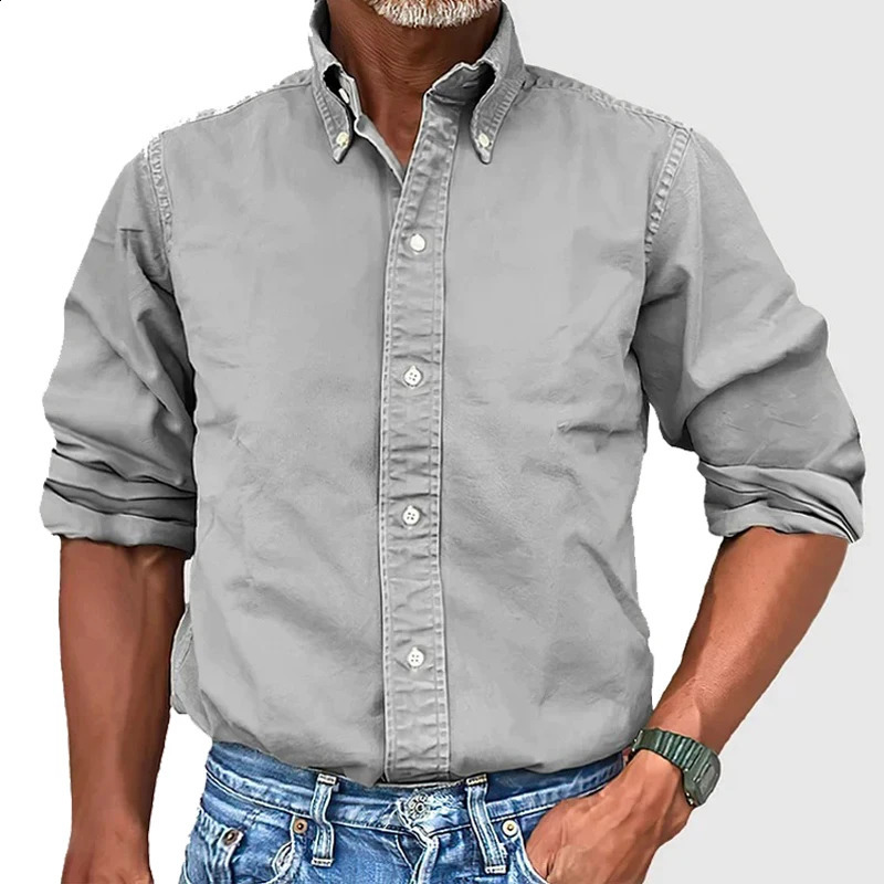 Mens Soild Oxford Long Sleeve Tee Shirt Youth Leisure Slim Fit Korean Fashion Blouse Elegant Shirts For Men Clothing 250225