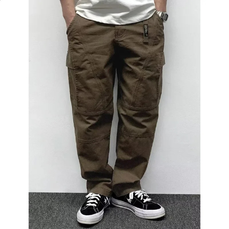 Spring Mens Pants Multi-Pocket Cargo Pants Vintage Solid Color Simple Loose-Fit Casual Pants 250228