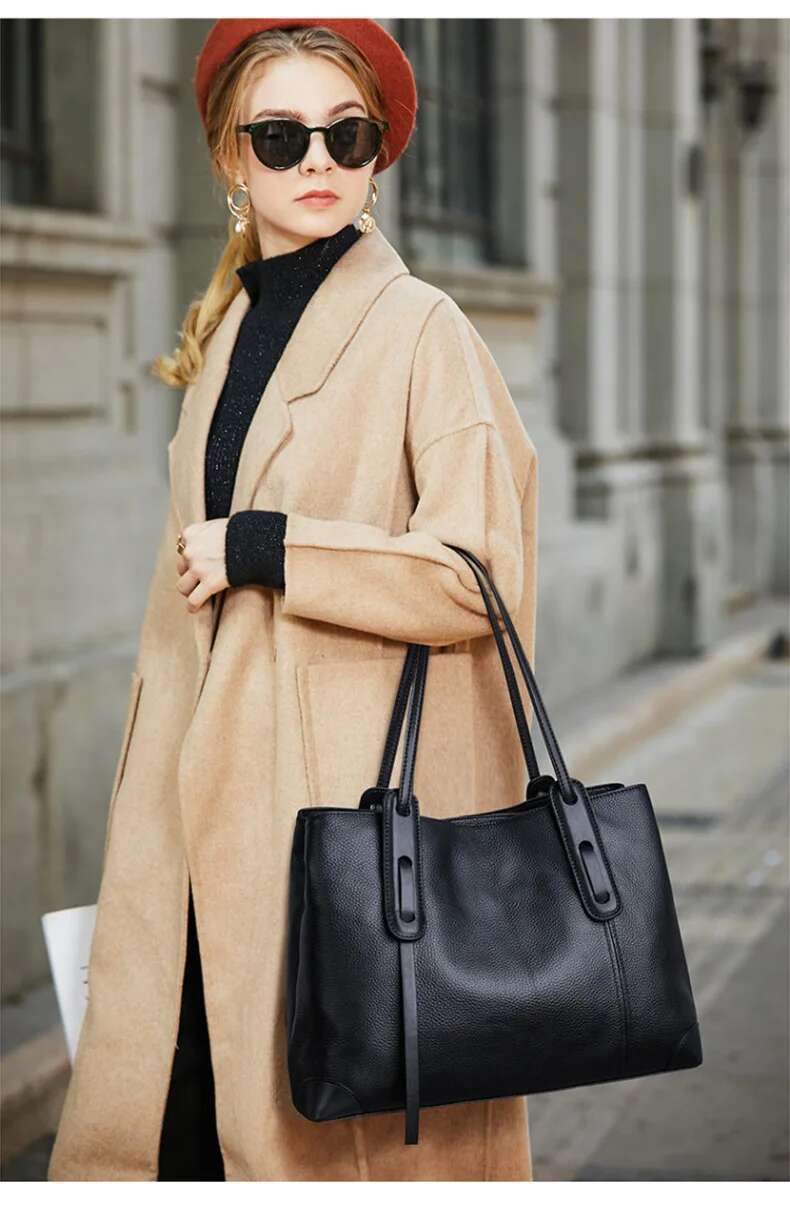 2024 Winter Spring Lichee Genuine Leather Women Shoulder Handbag Large Capacity Soft Cowhide Pacthwork Female Tote Bag