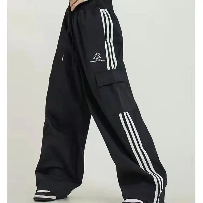 Mens Trendy American Retro Streetwear Side Striped Cargo Pants Y2K Casual Pocket Sport Straight Loose Trouser Pantalones Hombre 250225