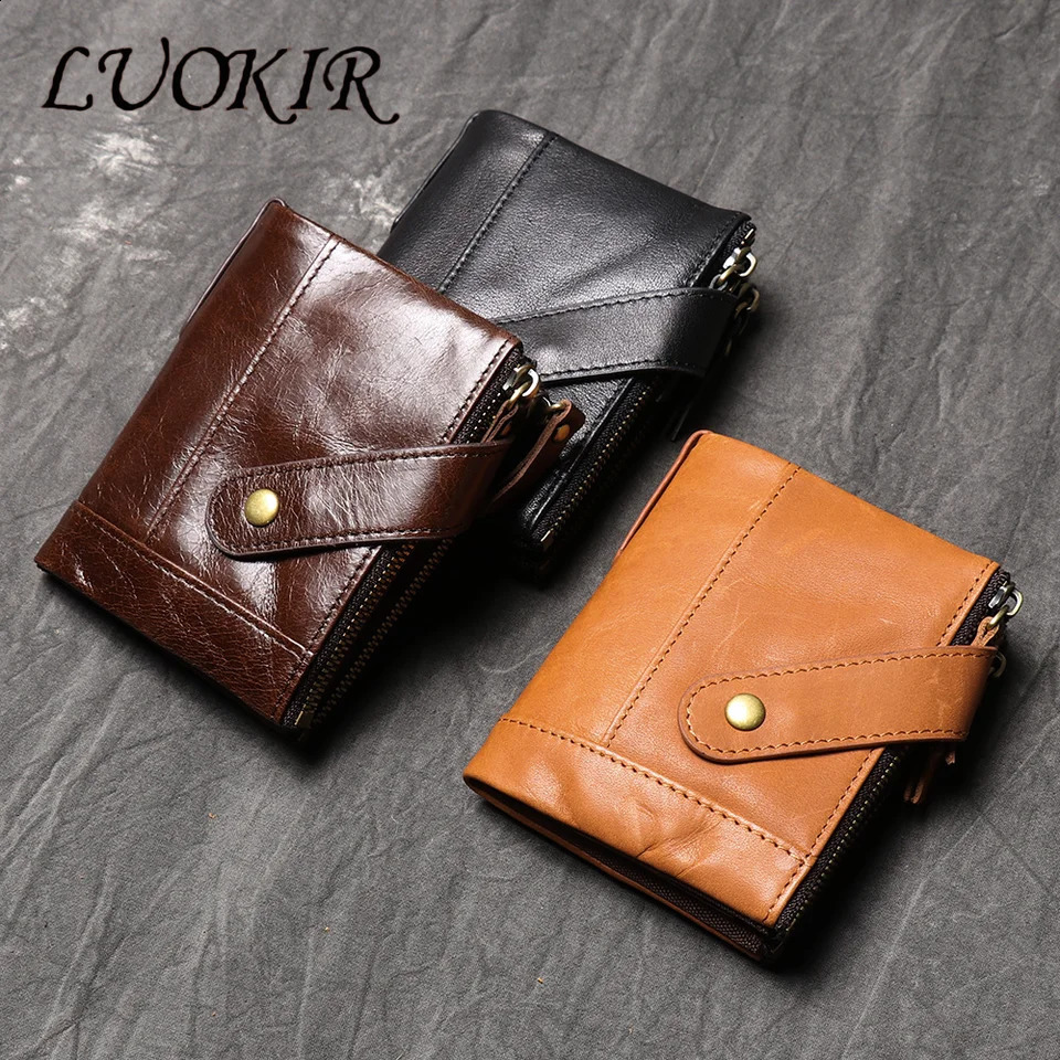 LUOKIR Genuine Leather Mens Wallet Top Layer Cow Pickup Bag Retro Oil Wax Leather Multifunctional Coin Purse 250228