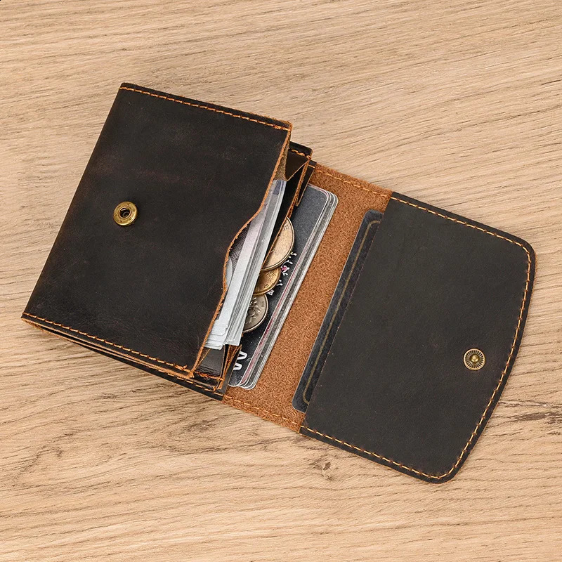 Vintage Coin Purse Short Wallet Crazy Horse Leather Short Purse Retro Fashion Mini Purse Cowskin Men Wallets Drop 250228