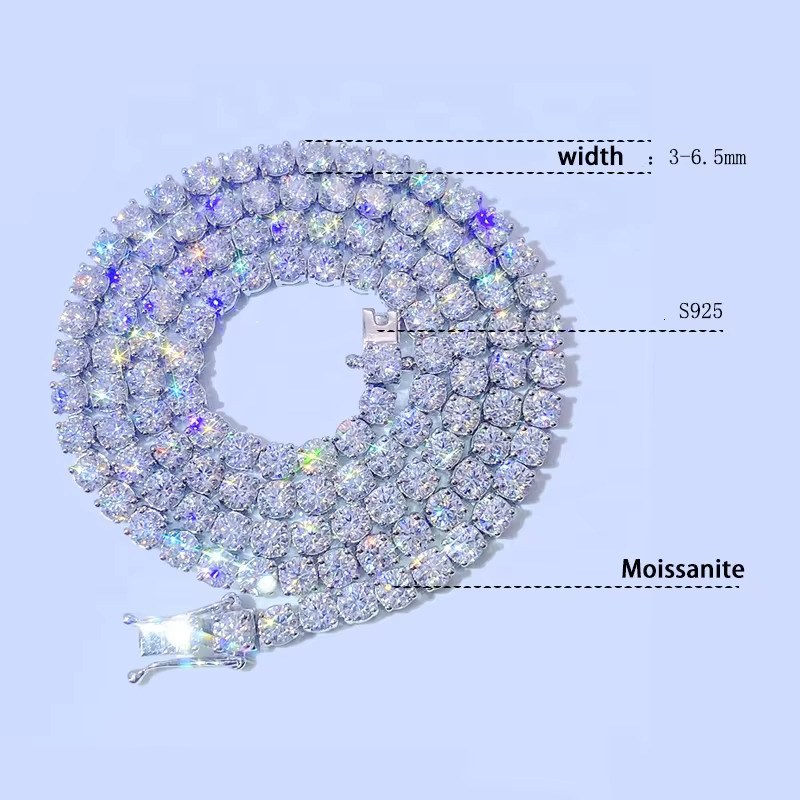 Wholesale Price Hip Hop Fine Jewelry Necklace 925 Sterling Silver 3MM 4MM 5MM 6.5MM VVS Moissanite Tennis Chain