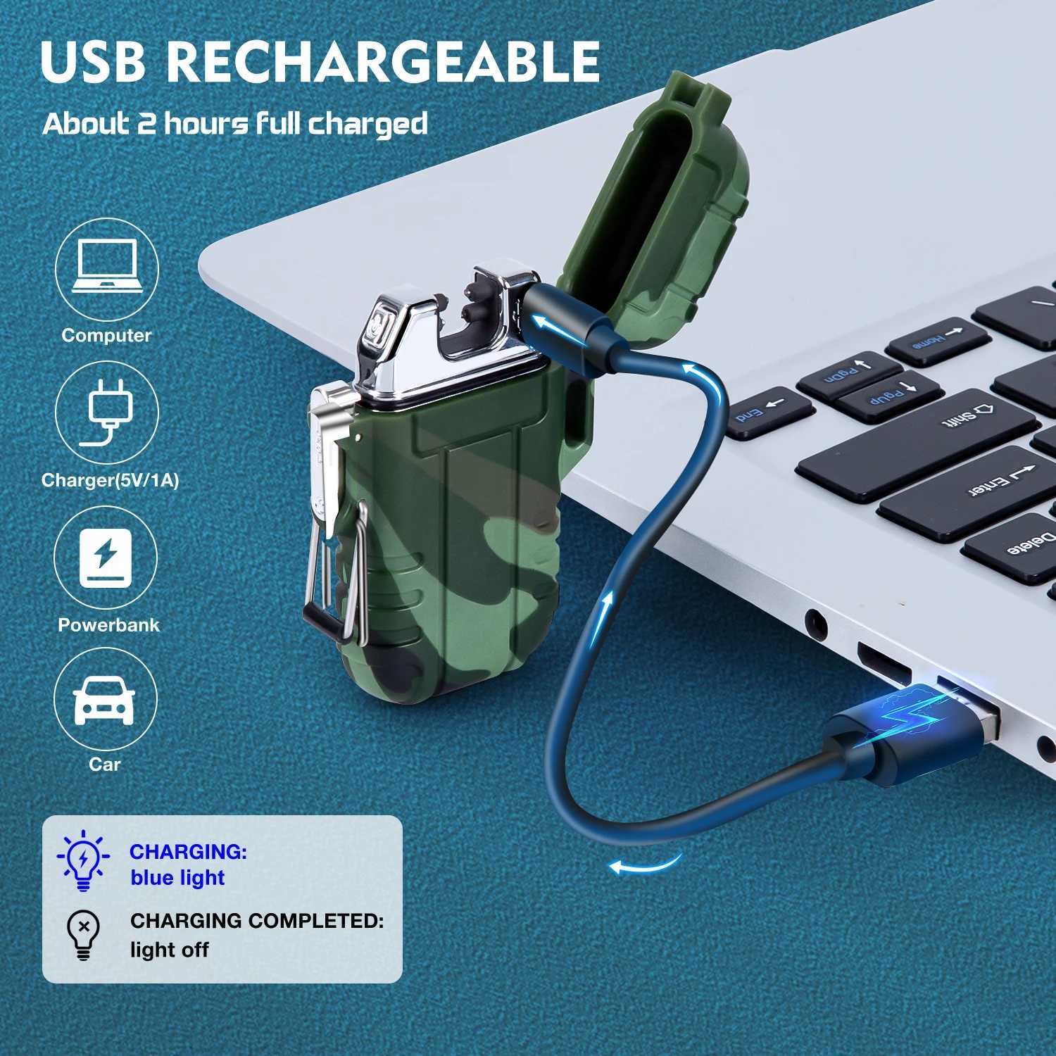 Waterproof Electric Lighter Windproof Dual Arc USB Rechargeable Flameless Plasma Lighters for Camping Hiking Survival TacticalT250301