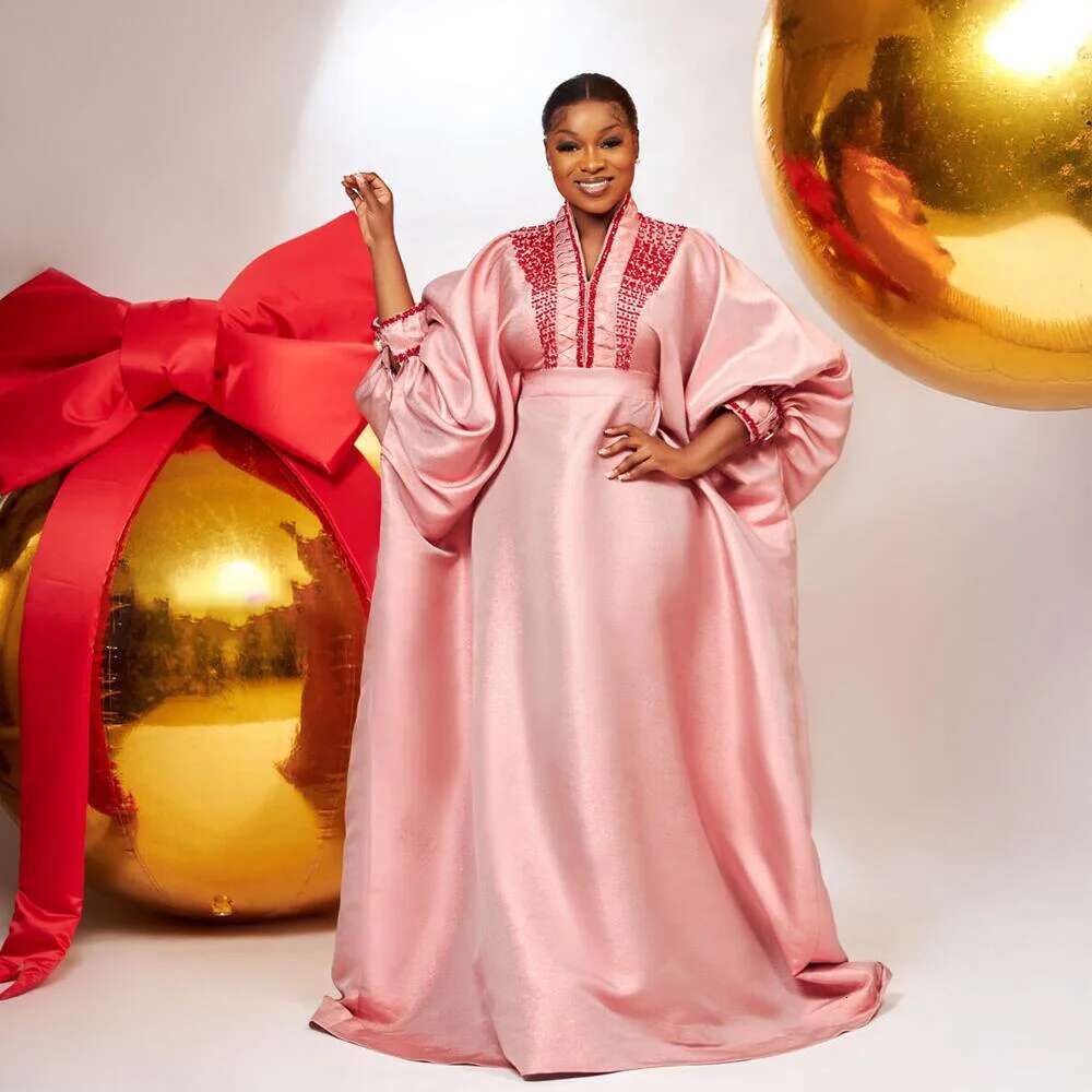 Fashion Turkey Woman Elegant 2025 V-Neck Rhies For Church Boubou African Dresses