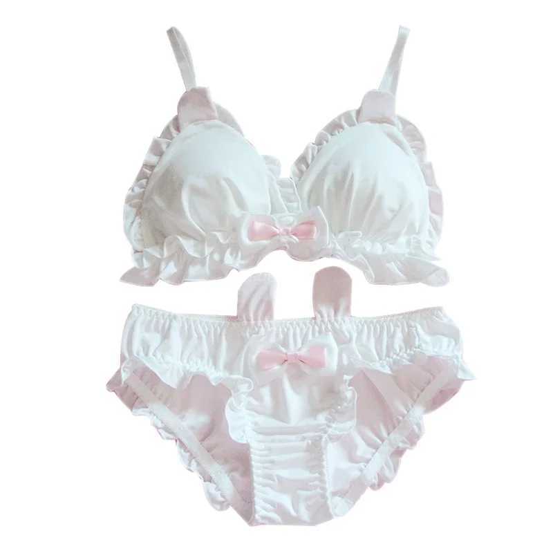 Japanese Lolita Kawaii Bow Ruffle White Underwear Set Sexy Female Cute Rabbit Ear Underwear Womens Bra and Underwear Set BraXJ250301