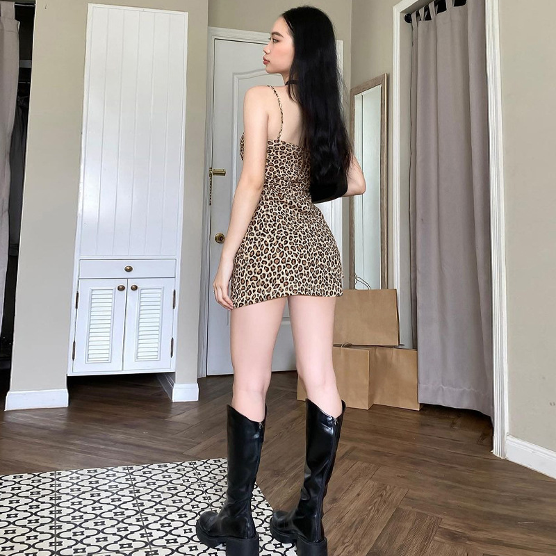 Wind Women's Clothing New Summer New Product Fashionable Sexy Backless Leopard Print Wrapped Hip Suspender Dress