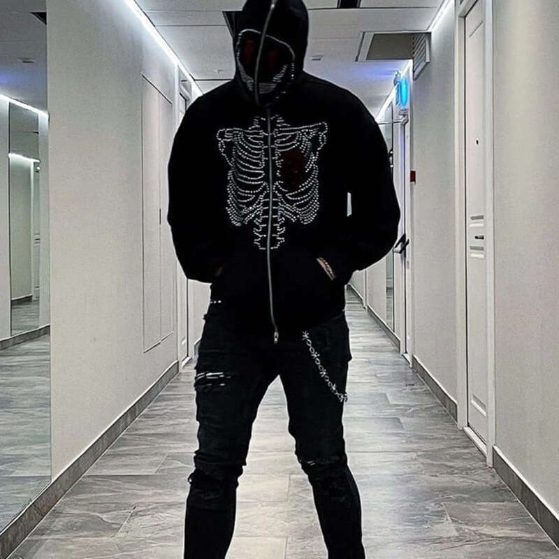 Y2k rhinestone printed loose zipper for women, thick and warm Harajuku jacket, street photography Korean version hoodie