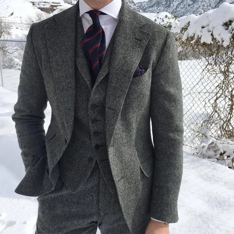 Grey Wool Tweed Winter Men Suits For Wedding Formal Groom Tuxedo Herringbone Male Fashion 3 Piece JacketVestPantsTie 250224
