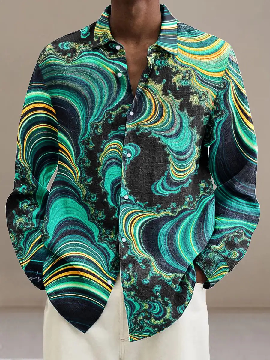 Mens shirt lapel shirt mens 3d printing gentleman retro irregular plant printing casual long sleeve fashion printing shirt 250225