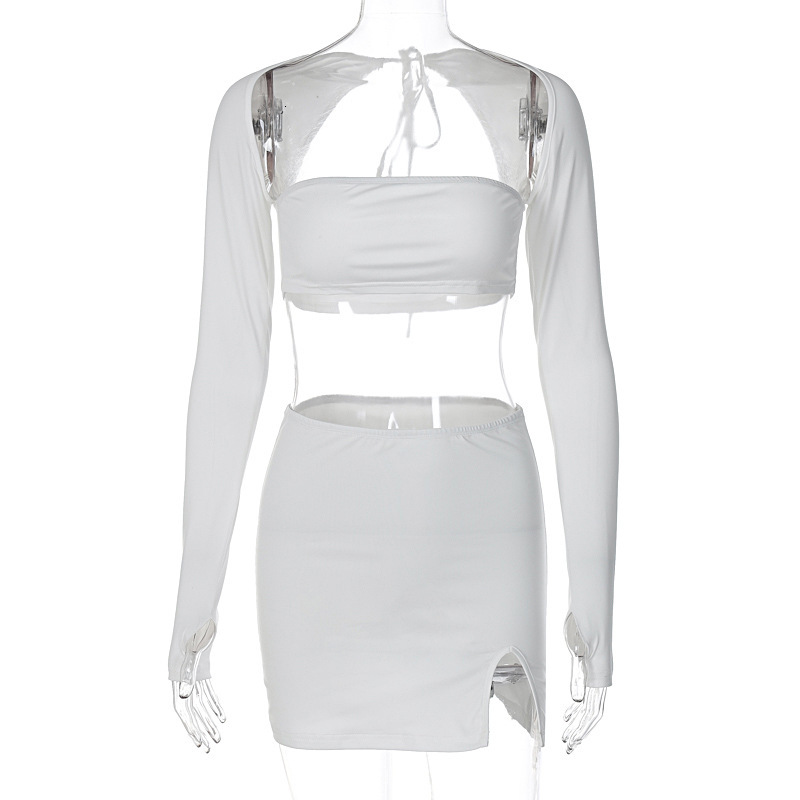Wind Women's Clothing New Summer New Sexy Strapless Hollow Long Sleeved Top Slim Fit Split Skirt Set