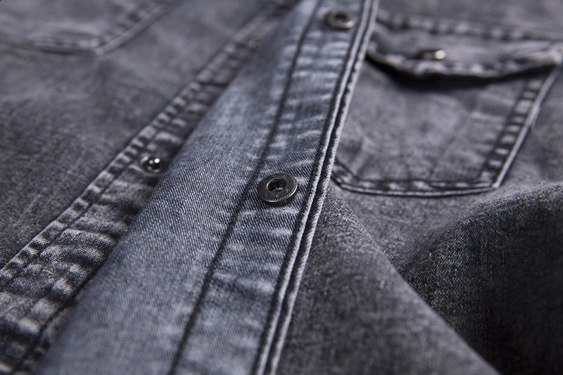 Mens Summer Denim Thin Shirt Short Sleeve Soft Cotton Two Pockets Slim Slight Elastic Jeans Cowboy Shirt Clothing 250225